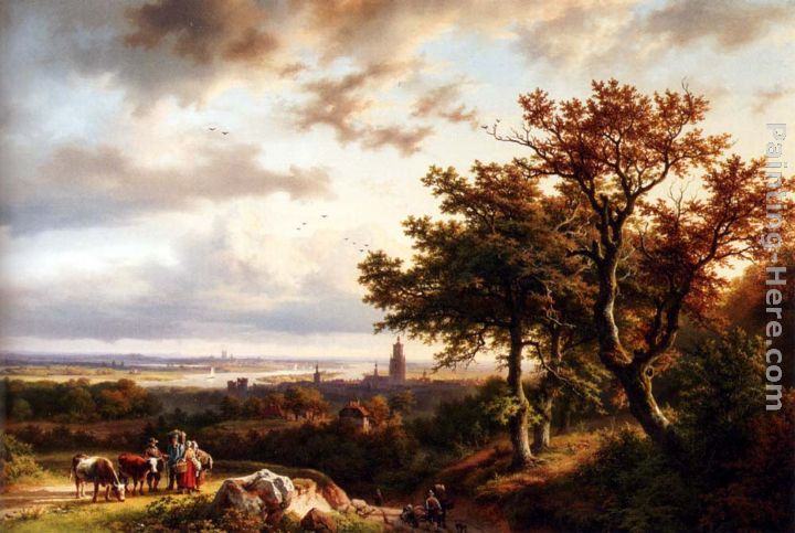 A Panoramic Rhenish Landscape With Peasants Conversing On A Track In The Morning Sun painting - Barend Cornelis Koekkoek A Panoramic Rhenish Landscape With Peasants Conversing On A Track In The Morning Sun art painting
